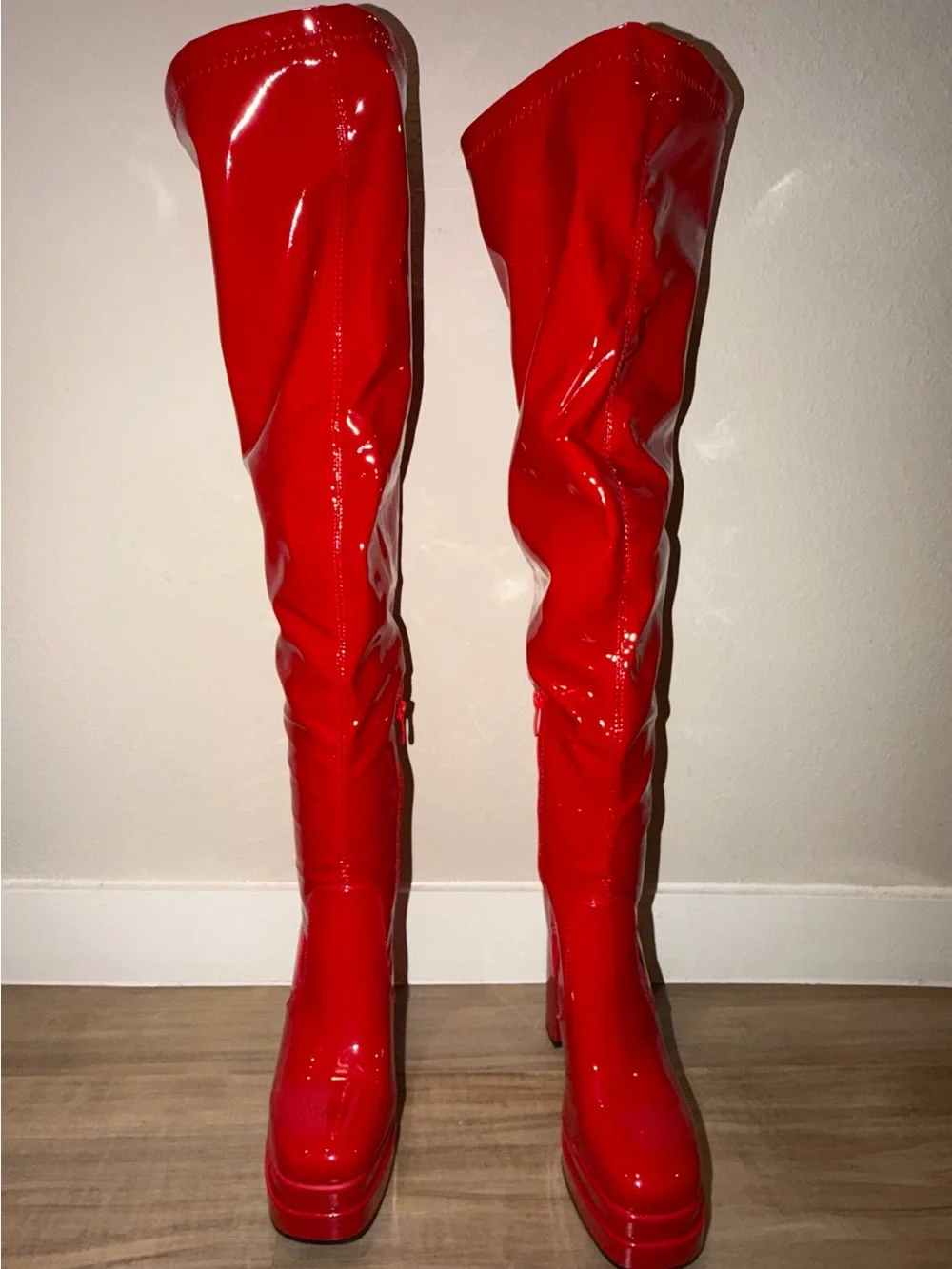 Red Leather Over-the-Knee Platform Boots - Women